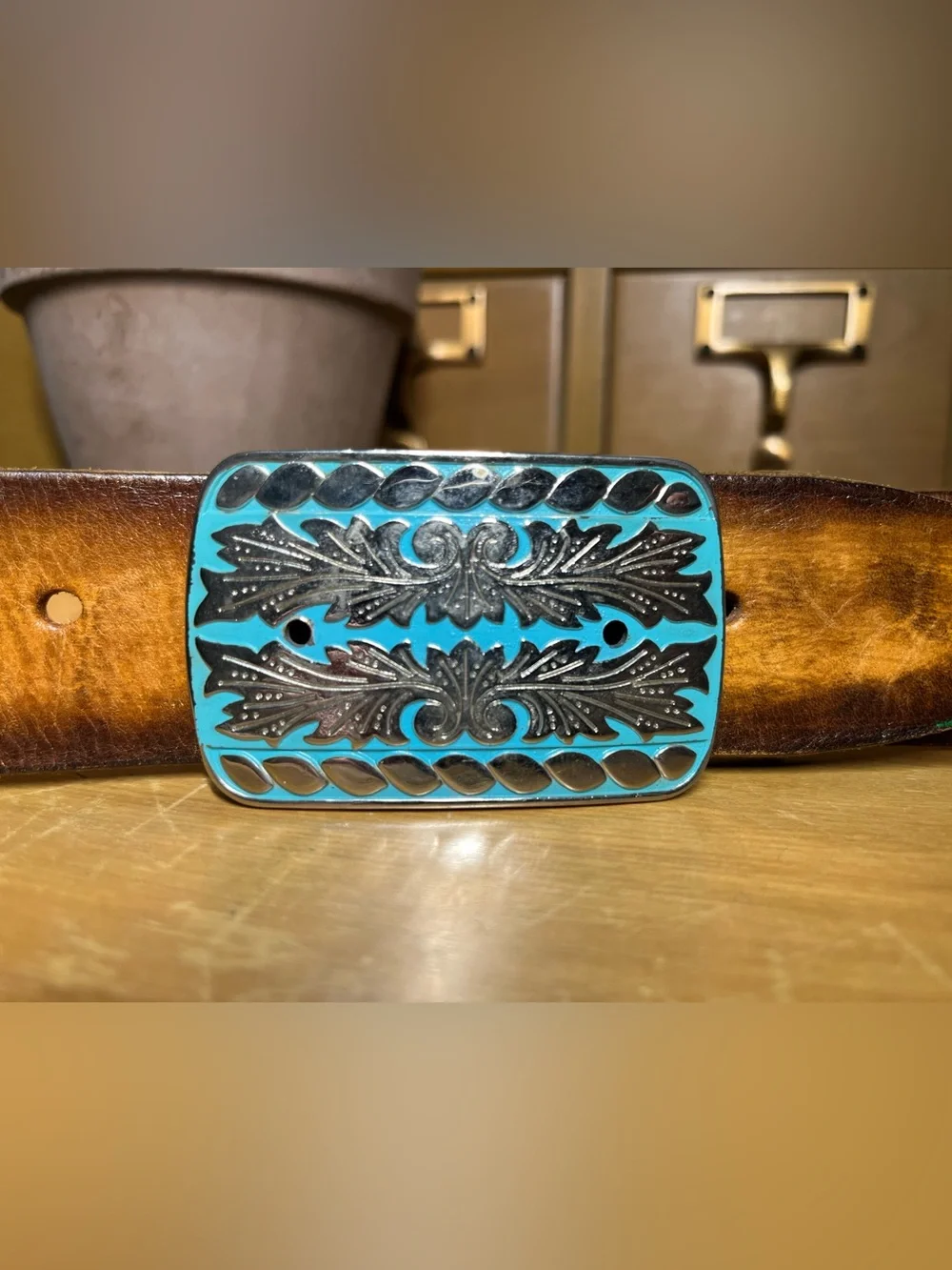 Authentic Mexican Leather Belt with Turquoise Floral Buckle
